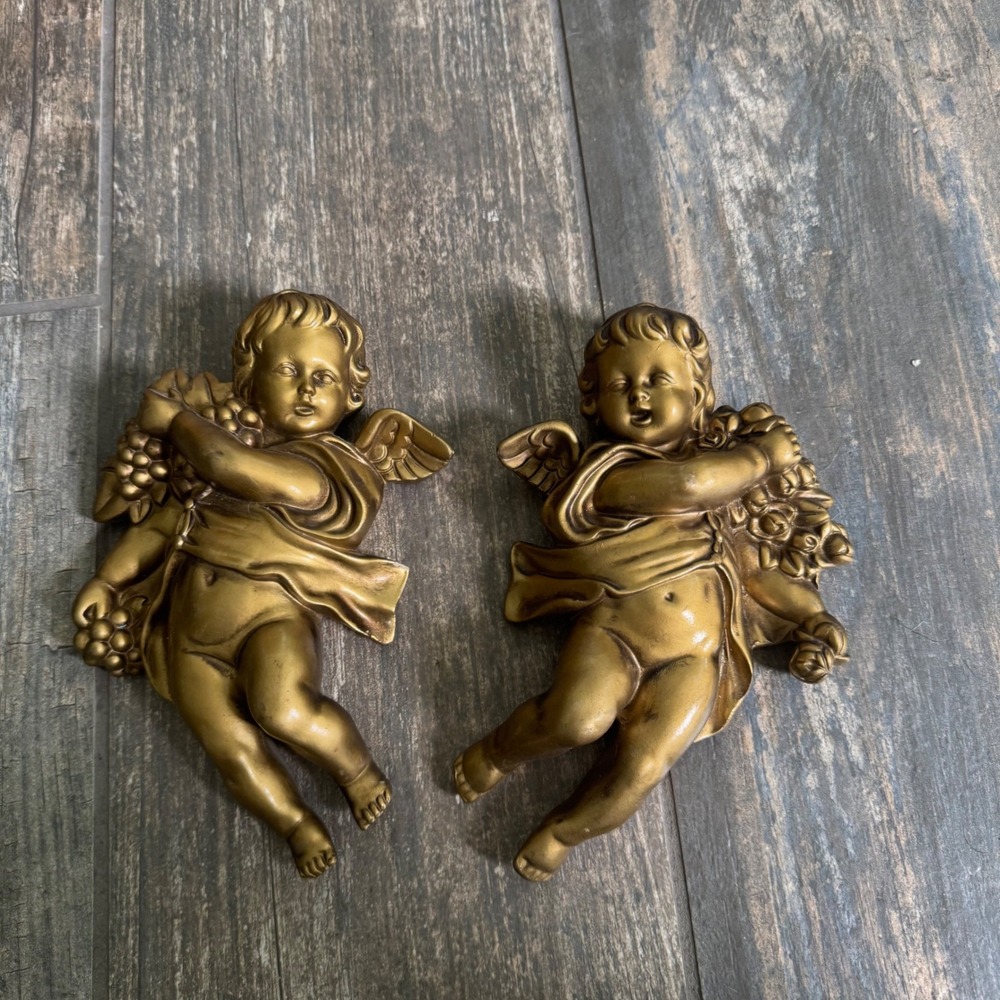 Vintage Gold Cherub Wall Decor Set of 2 Angel Figures Hanging Art Gold regency